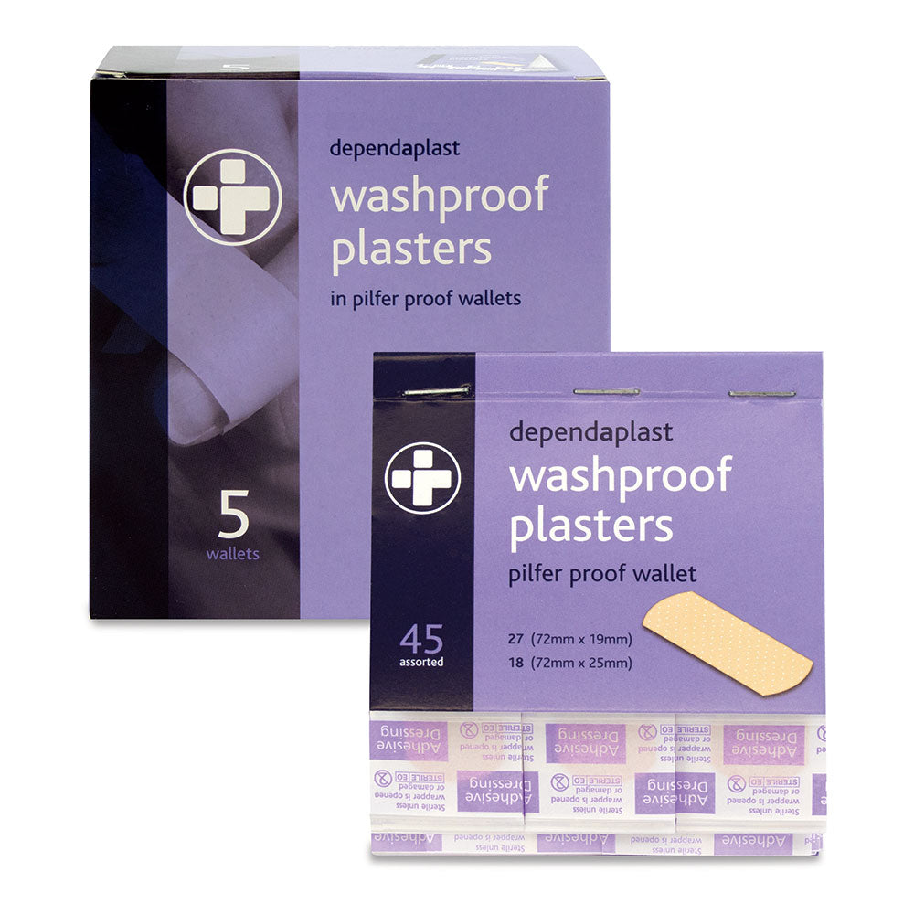 Dependaplast Pilfer Proof Plasters Refill Box containing 5 wallets of 45 Washproof Plasters